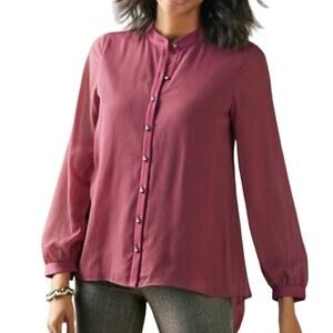 Soft Surroundings Burgundy Collarless Capizzi Top with Sheer Sleeves (L)